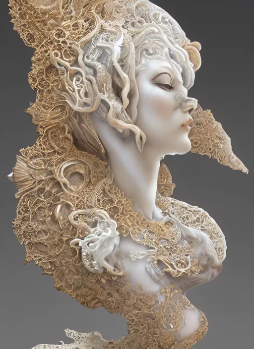 Prompt: romantic marble sculpture of beautiful woman, glistening, mandelbulb, hypercube, ivory carving, fractal paisley inlay, lace, intricate, elegant, highly detailed, gold inlay, metallic, ivory, artgerm, lace, by ruan jia and greg rutkowski