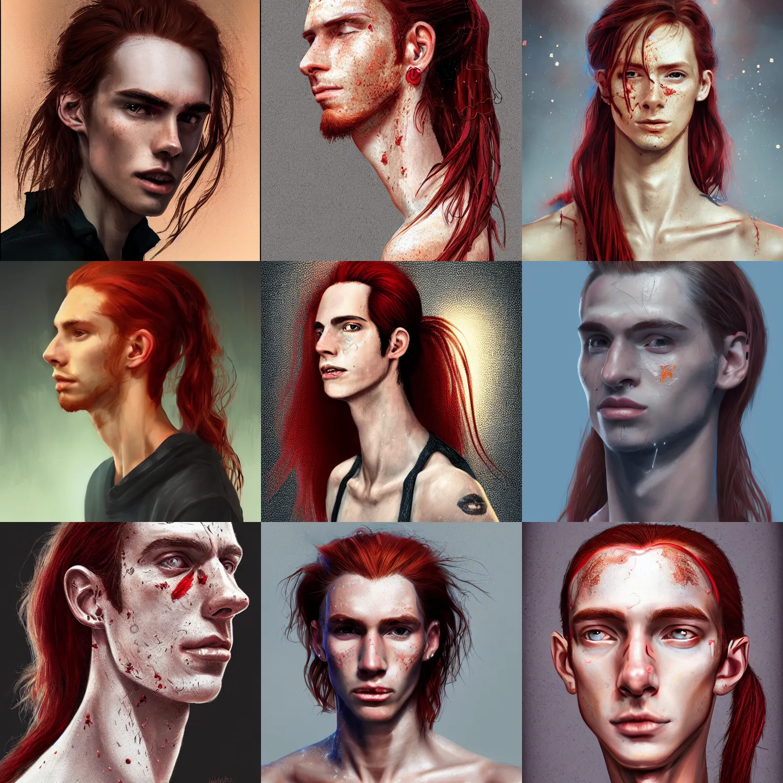 Prompt: portrait of a thin young man with long red hair, ponytail, a lot of freckles on his face, big scars, an earring, intricate, elegant, glowing lights, highly detailed, digital painting, artstation, concept art, smooth, sharp focus, illustration
