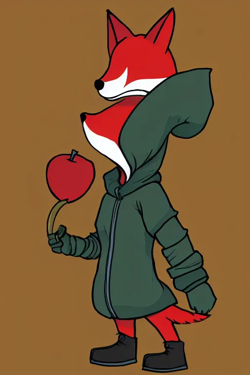 Prompt: Cartoon Fox dressed like a hooded rogue, holding an apple, digital art, trending on artstation, stacy boisvert