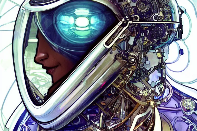 Image similar to portrait of a biomechanical head inside a futuristic space helmet, vintage, neon, white metal, iridescent visor, smooth, sharp focus, high detail, deviantart, art by Artgerm and Alphonse Mucha,