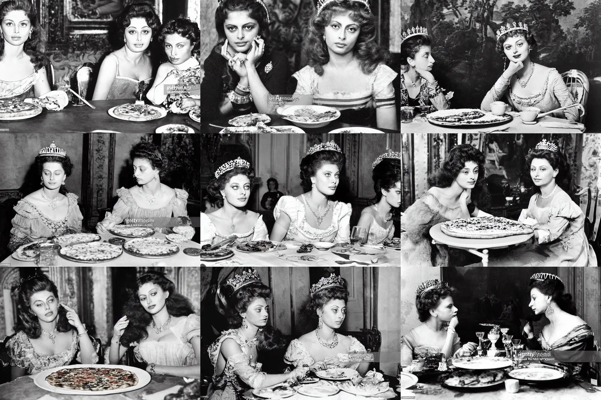 Prompt: a highly detailed photo of ( young beautiful queen margherita of savoy )!!!!, sitting at a ( long table )!!! eating a pizza margherita together with a ( young beautiful sophia loren )!!!!, right angled view, smooth lighting, masterpiece, timeless, genious composition