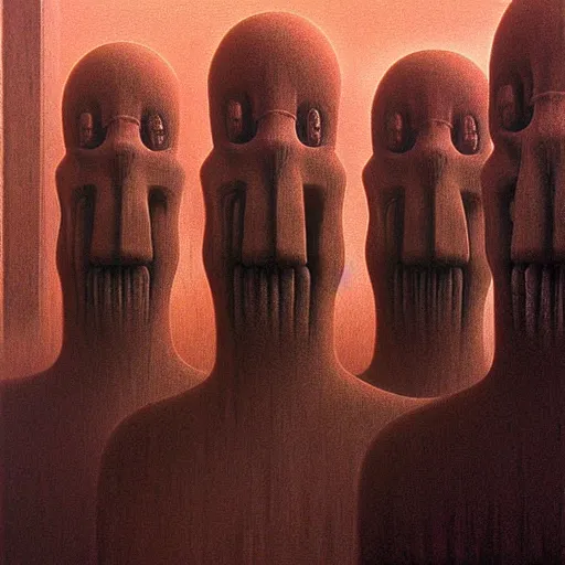 Prompt: soft focus deep shadows dystopian surreal painting of eerie grinning head statues and buildings by zdzisław beksinski