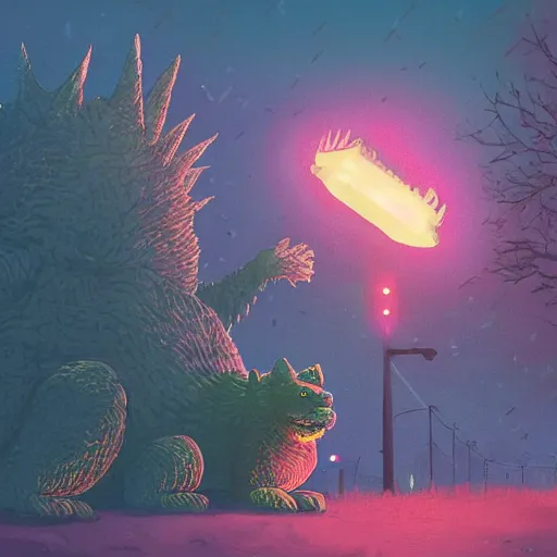 Image similar to a chow chow fighting godzilla in night time tokyo in the style of simon stalenhag