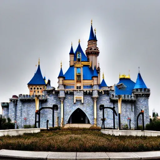 Image similar to a girl in chernobyl!!! disneyland castle made of reactor concrete blocks!! silent hill!! dark cloudy, atmospheric, foggy, wide angle