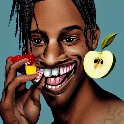 Image similar to caricature of travis scott eating apple, artstation, 8 k, cgsociety, high detalied, high quality,