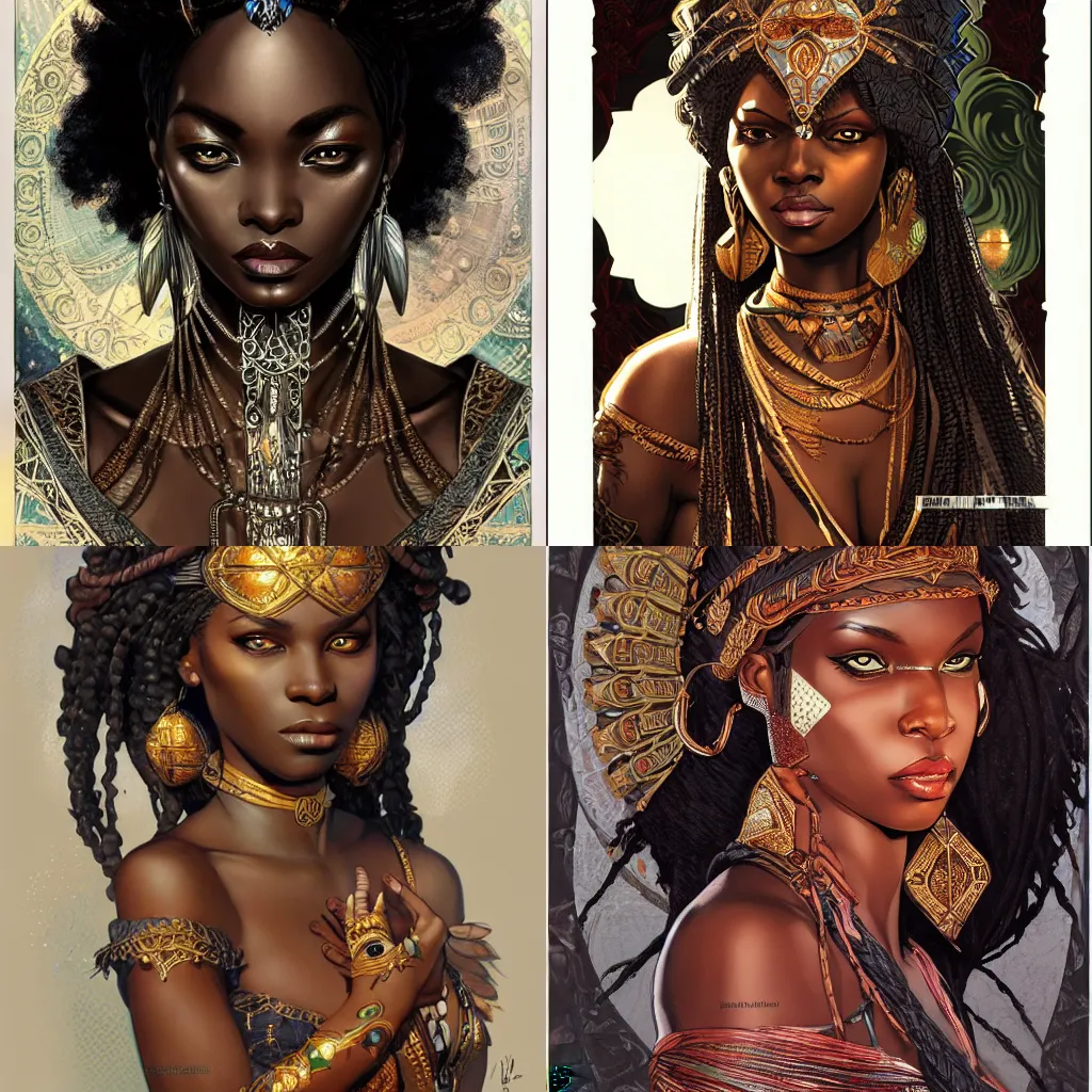 Prompt: black african princess, intricate, highly detailed, concept art, sharp focus, illustration, rutkowski, mucha, aleksi briclot