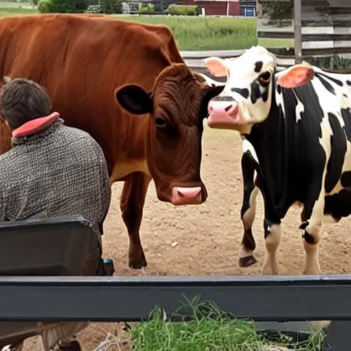 Prompt: a cow getting yelled at by his third wife after getting chipotle