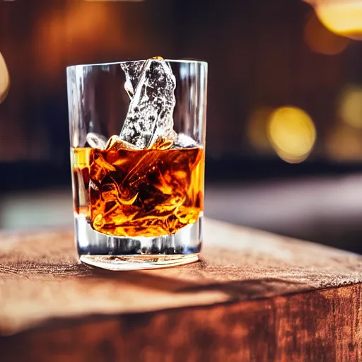 Prompt: whiskey shot glass full of whiskey and shaved ice on a shiny wood bar, depth of field, bokeh, dynamic lighting