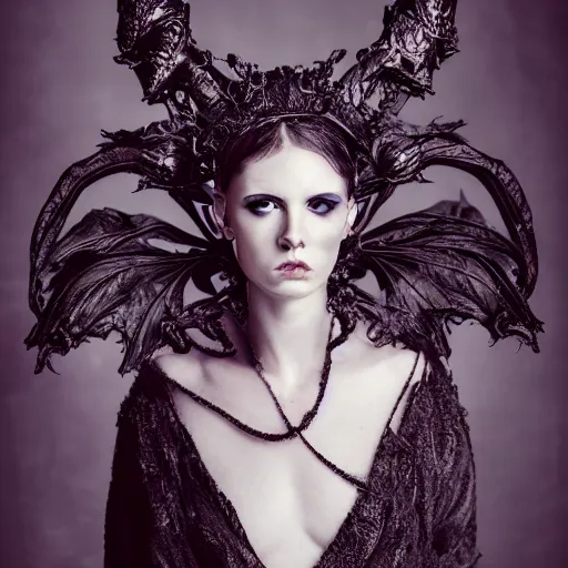 Image similar to a portrait of female model by stefan geselle, nekro borja and peter kemp, dark fantasy, ornate headpiece, dark beauty, photorealistic, canon r 3, photography