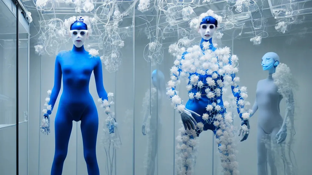 Image similar to symmetrical portrait of a woman wearing a blue embroidered translucent silicone mask and white frizzy hair buns, wearing a black bodysuit by alexander mcqueen, standing in a sterile room full of translucent silicone white flowers and plants, white background, soft diffused light, biotechnology, humanoide robot, futuristic aesthetic, translucent, ethereal, intricate details, highly detailed, masterpiece,