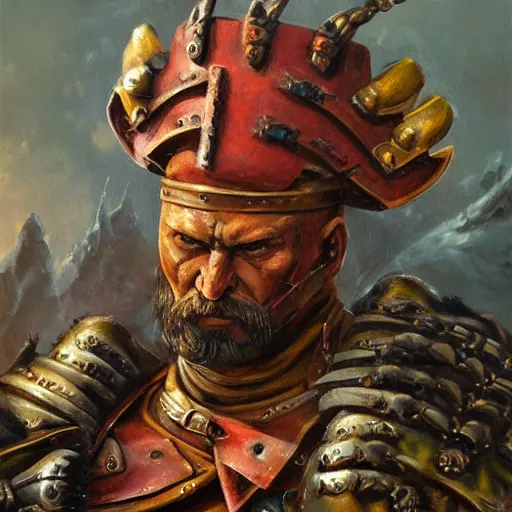 Image similar to a russian warrior who is wearing iron gauntlets in the shape of bear claws in the style of warhammer fantasy : : head and shoulders oil painting