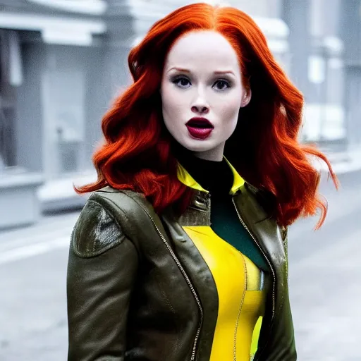 Prompt: madelaine petsch as x - men's rogue, she is in rogue's classic green and yellow outfit, wearing a brown leather jacket, she has a streak of white in her beautiful long red hair 5 0 mm