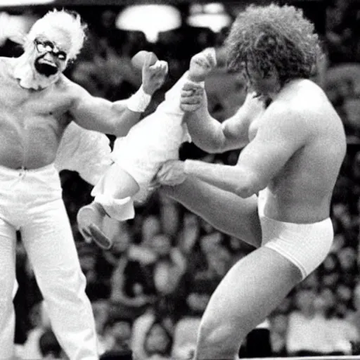 Image similar to Ronald McDonald elbow drops Colonel Sanders in WWE, 1990