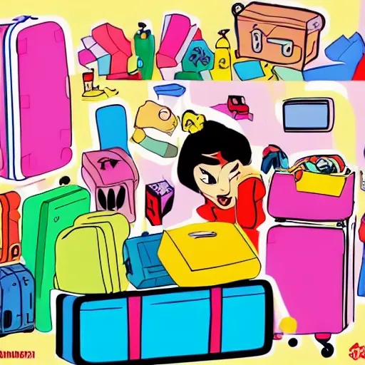 Image similar to a painted cartoonish scene, an open suitcase sits on a table, the open suitcase contains a vast pile of toys, the pile of toys rises all the way to the ceiling, the pile of toys blocks the background, a woman stands next to the table and suitcase, the woman holds more toys