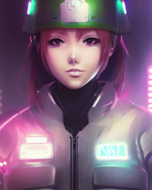 Image similar to nami, anime key visual of a young female swat officer, neon, cyberpunk, futuristic, white clothing, black vest, swat helmet, stunning, highly detailed, digital painting, smooth, soft focus, illustration, 4 k digital art from artstation by artgerm and greg rutkowski and alphonse mucha