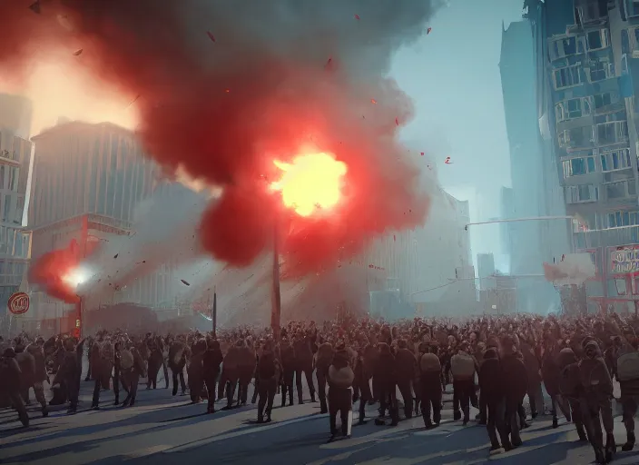 Image similar to crowd of working citizens protests war being dispersed by police while missles and bombs explode buildings in the city, DSLR 35mm, by WLOP and Aleksandr Deyneka and Andrei Popov, Unreal Engine 5, Lumen, Nanite