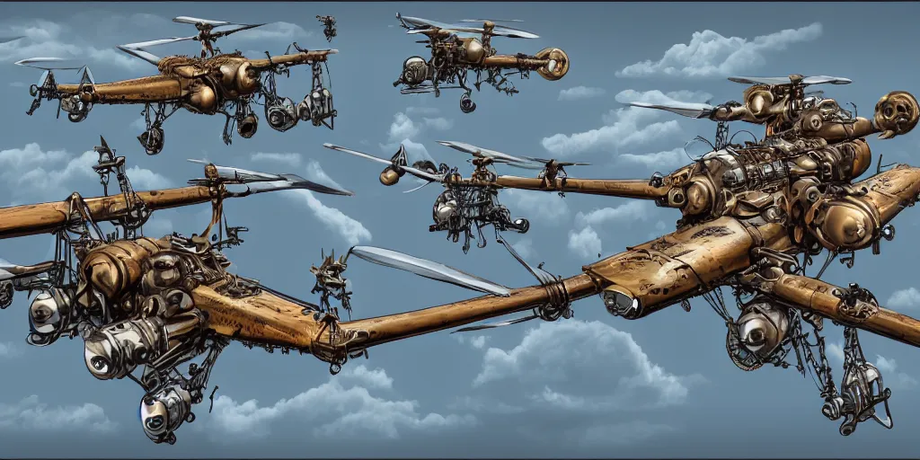 Prompt: war of steampunk attack helicopters, concept art, industrial design, detailed, 4 k, smooth curves, azure sky