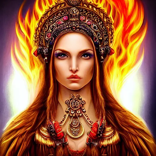Image similar to perfectly centered close up portrait of goddess of fire, candid photography, by anne stokes, highly detailed