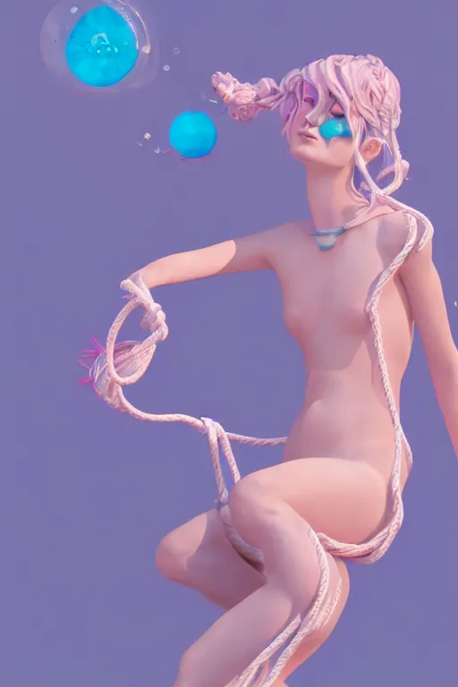 Image similar to an epic non - binary model, subject made of white mesh rope, with cerulean and pastel pink bubbles bursting out, delicate, beautiful, intricate, liquid background, melting into sylveon, houdini sidefx, by jeremy mann and ilya kuvshinov, jamie hewlett and ayami kojima, trending on artstation, bold 3 d