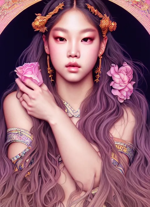 Image similar to jennie of blackpink, goddess of the moon, highly detailed, digital painting, smooth, sharp focus, illustration, ultra realistic, unreal engine, 8 k, art by artgerm and alphonse mucha