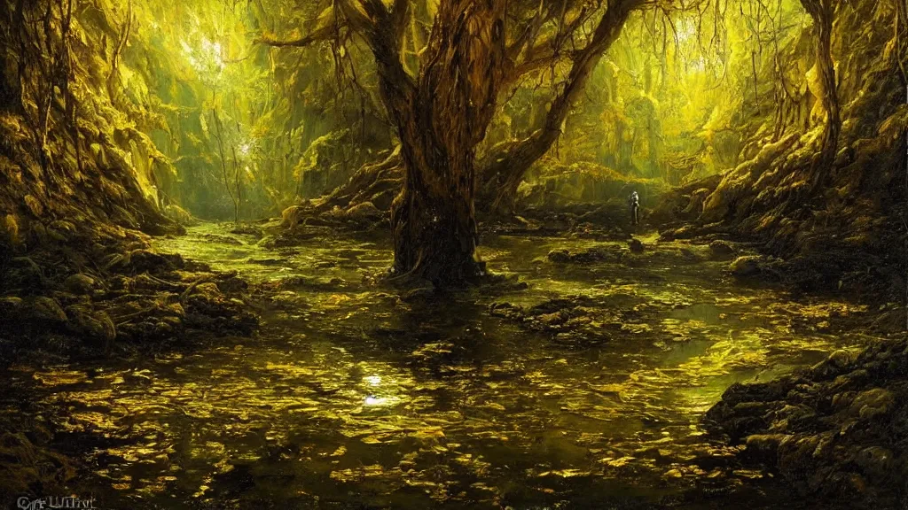 Image similar to A beautiful, highly detailed, very realistic oil painting of a single tree with lots of golden and bright glowing green leaves, next to a small river made of pure gold in the middle of a huge, very dark cave, with lots of dark grey rocks, oil painting by Greg Rutkowski.