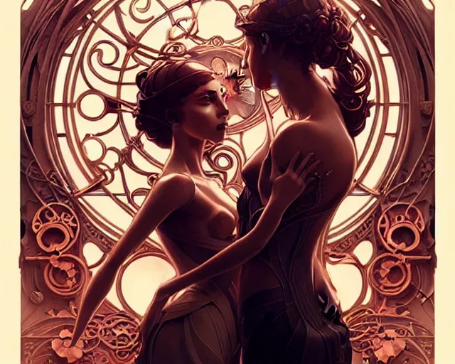 Image similar to Lovers with mechanical eyes, art nouveau, fantasy, intricate copper pipe designs, elegant, highly detailed, sharp focus, art by Artgerm and Greg Rutkowski and WLOP