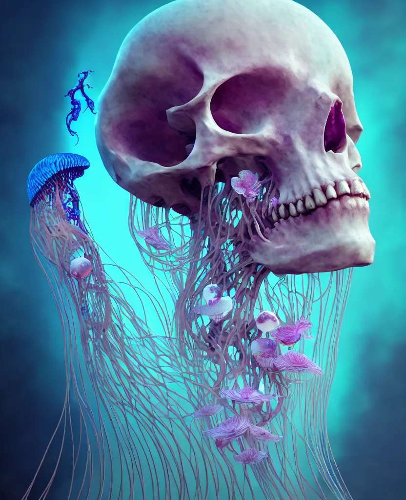 Image similar to goddess close-up portrait human skeleton, ram skull, jellyfish, orchid, betta fish, bioluminiscent, intricate artwork by Tooth Wu and wlop and beeple. octane render, trending on artstation, greg rutkowski very coherent symmetrical artwork. cinematic, hyper realism, high detail, octane render, 8k