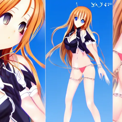 Image similar to a very beautiful young yuuki asuna,, full body, long wavy hair, sky blue eyes, full round face, bikini, miniskirt,, cinematic wallpaper by yusuke murata