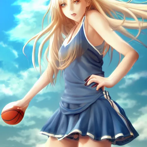 Image similar to a very beautiful young mature anime basketball girl, full body, long wavy blond hair, sky blue eyes, full round face, short smile, bikini, miniskirt, highly detailed, cinematic wallpaper by stanley artgerm lau