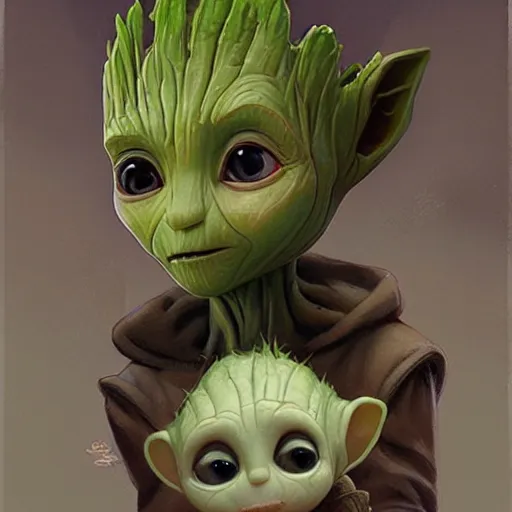 Image similar to Cute Elven baby Groot and Yoda by Greg Rutkowski, asymmetrical, Organic Painting , Matte Painting, geometric shapes, hard edges, street art, trending on the artstation, realistic:2 by Sachin Teng:4