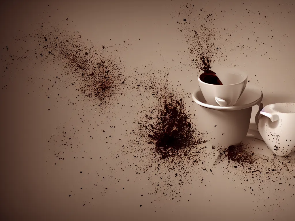 Image similar to 3D art, a coffee cup shattering against a wall, coffee splash, simulation, render, octane render, zbrush, ultra detailed