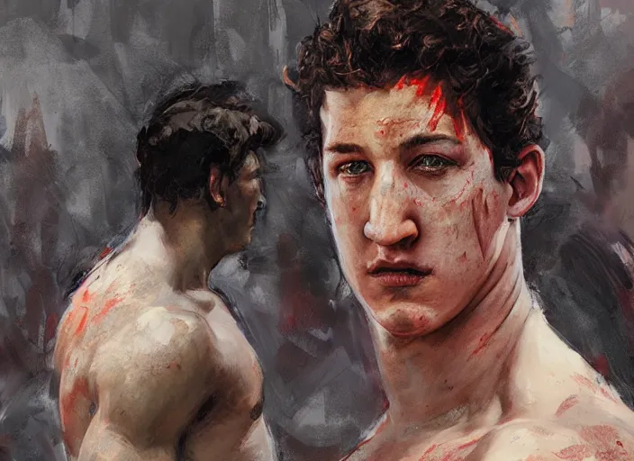 Prompt: a highly detailed beautiful portrait of miles teller as kratos, by gregory manchess, james gurney, james jean