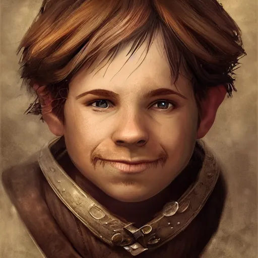 Prompt: realistic portrait of a halfling male, happy, bard, short hair, lute, intricate details, cinematic, photo, fantasy, medieval, trending on artstation, in the style of wizards of the coast