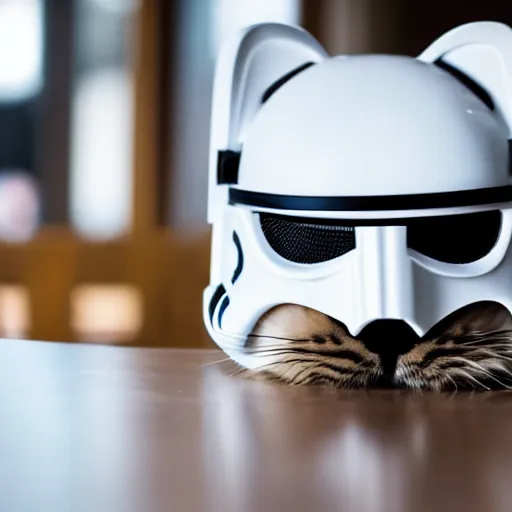 Image similar to a cat wearing a stormtrooper helmet covering the whole face while on the kitchen table, standing up, 40nm lens, shallow depth of field, split lighting, 4k,