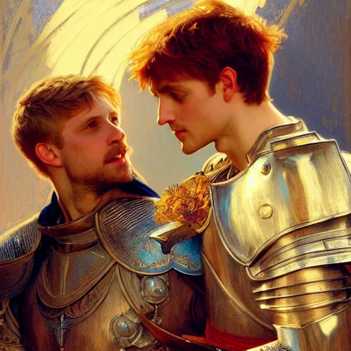 Image similar to attractive arthur pendragon and his attractive male knight, they are in love, natural lighting, path traced, highly detailed, high quality, digital painting, by gaston bussiere, craig mullins, alphonse mucha j. c. leyendecker