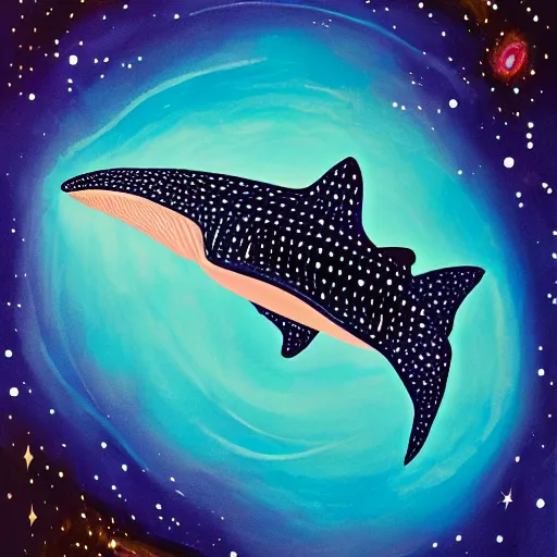 Prompt: gouache painting of a whale shark flying through a swirling, luminous nebula, elegant, ultra detailed, photorealistic whale shark