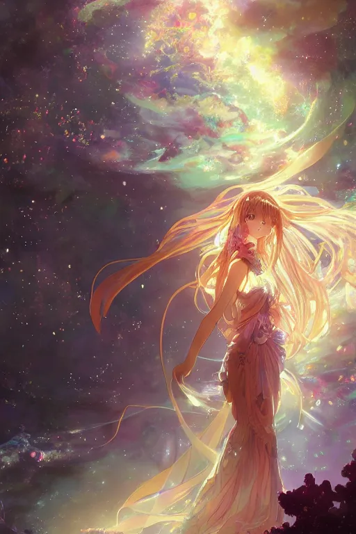 Image similar to anime key visual of a beautiful girl wearing a dress made of stars and nebulae, dramatic, volumetric lighting, planets in the background, intricate, magical forest, stunning, highly detailed, digital painting, artstation, smooth, hard focus, illustration, art by artgerm and greg rutkowski and alphonse mucha