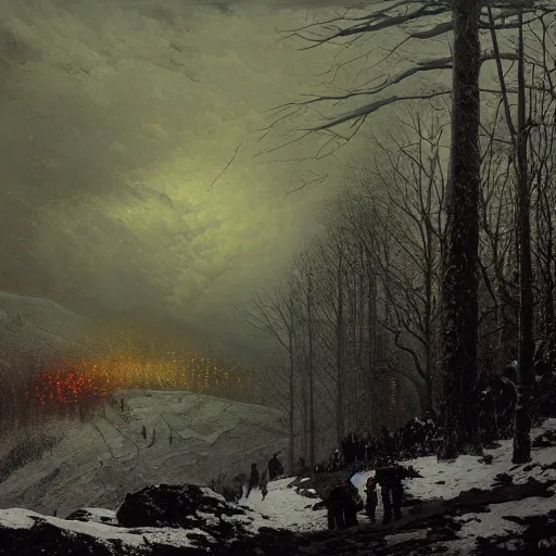 Image similar to a beautiful painting of group of climbers, extreme cold, storm, octane rendering, grim, dark, gloomy, cruel, volumetric lightning, hyperrealism, no blur, 4 k resolution, ultra detailed, style of john atkinson grimshaw, ivan shishkin, tyler edlin, scott listfield, eric zener