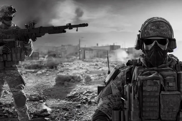 Prompt: still photo of modern warfare soldier looking at the camera in a battlefield, black and white color aesthetic, highly detailed, photorealistic portrait, bright studio setting, studio lighting, crisp quality and light reflections, unreal engine 5 quality render