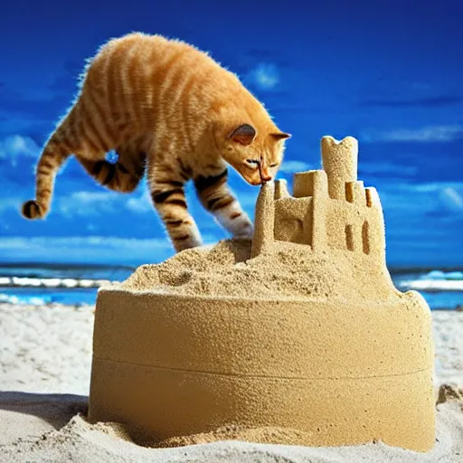 Image similar to a photo of cat making a sand castle on the beach