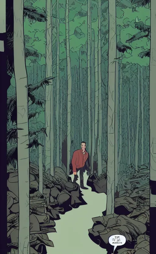 Image similar to Twin Peaks comic art splash page of Dale Cooper entering the portal in the woods by Tomer Hanuka