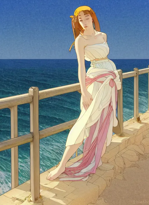 Image similar to pretty young woman leaning against the railing at the beach, path traced, highly detailed, high quality, digital painting, by studio ghibli and alphonse mucha, leesha hannigan, makoto shinkai, disney