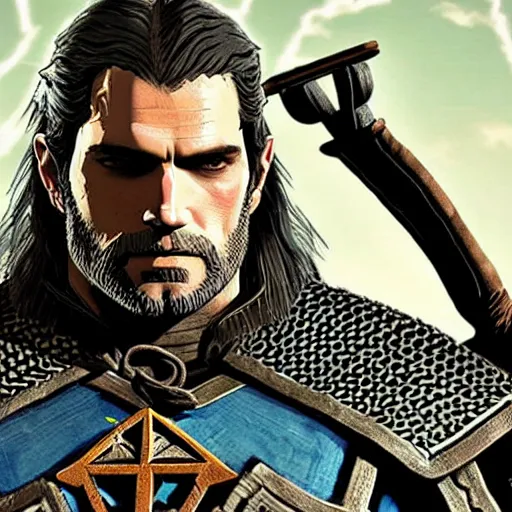 Image similar to Henry Cavill as Geralt of Rivia in The Legend of Zelda Breath of the Wild