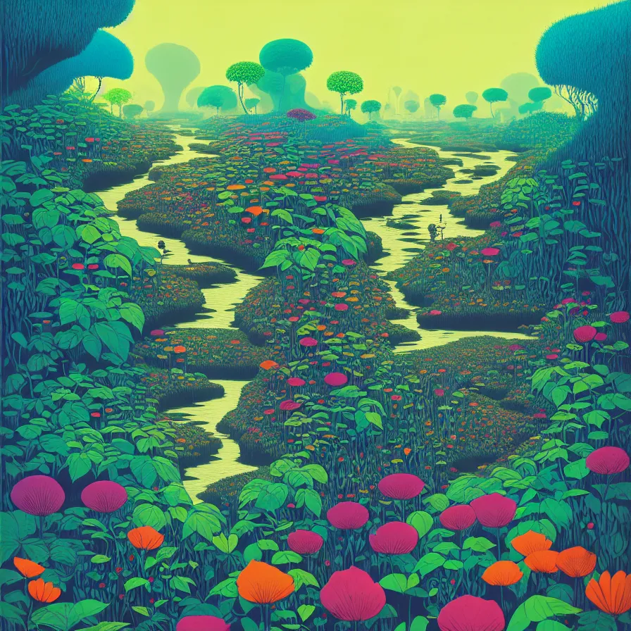 Prompt: ( ( ( gediminas pranckevicius ) ) ) flower garden, river flow through borneo jungle, summer morning, very coherent and colorful high contrast art by james gilleard floralpunk screen printing woodblock, dark shadows, pastel color, hard lighting