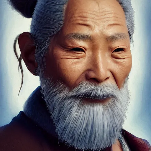 Image similar to portrait painting of a 6 0 year old kind handsome taoist priest ， looks like jie lott ， silver ponytail hair, amiable by yangjun chen ，, nadar, bright colors, octopath traveler, unreal engine 5 highly rendered, global illumination, radiant light, detailed and intricate environment