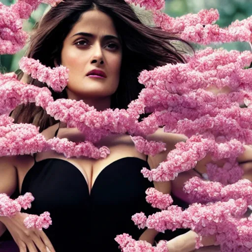 Prompt: salma hayek portrait picture by stefan kostic, perfect symmetry, realistic, body shot, sharp focus, 8 k high definition, insanely detailed, intricate, elegant, cherry blossoms