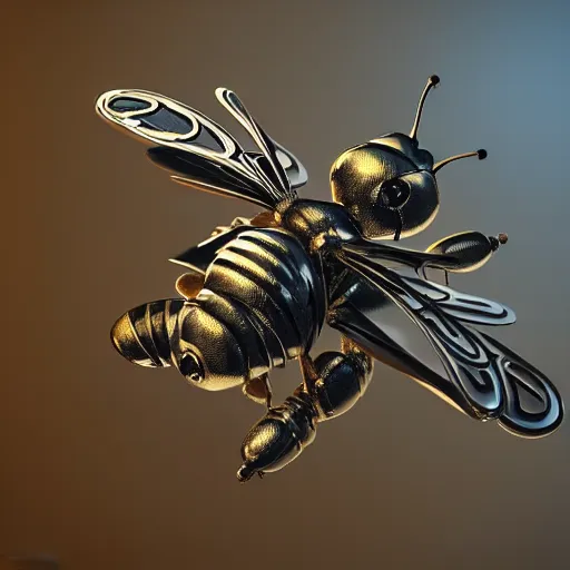 Prompt: silver bee is flying in metallic city, steampunk style, high detailed, superrealism, octane render, ray tracing, unreal engine, cinematic mode, redshift, hdr, hyperrealist, trending of artstation, optical flare