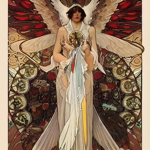 Image similar to seraphim with 6 wings covered in eyes, trending on artstation, by alphonse mucha