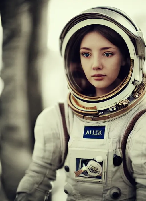 Prompt: photograph portrait of a very pretty!!! woman! symmetric face, petzval lens. out of focus, in an astronaut costume. detailed, intricate. futuristic helmet with neck protection, space station. by alesio albi and george lucas and stanley kubrick
