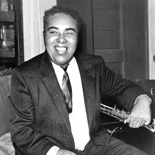 Image similar to realistic photo of old charlie parker at age 7 6, smiling, black and white